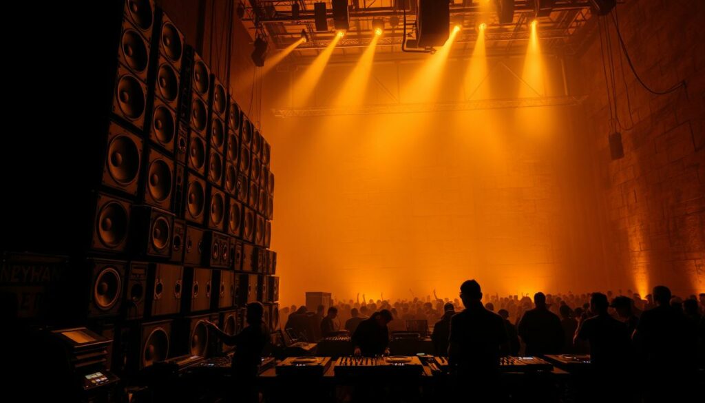 A massive, industrial-style sound system dominates the foreground, its towering speakers and amplifiers bathed in a warm, amber glow. The middle ground features the shadowy silhouettes of DJs manipulating turntables and mixing consoles, their movements creating a sense of energy and motion. In the background, the cavernous, concrete walls of the legendary Berghain nightclub loom, casting a moody, atmospheric ambiance. The scene conveys the raw, unadulterated power of the club's iconic sound system, designed to create a visceral, immersive experience for the dancers. The image captures the essence of Berghain's underground, techno-driven musical culture.
