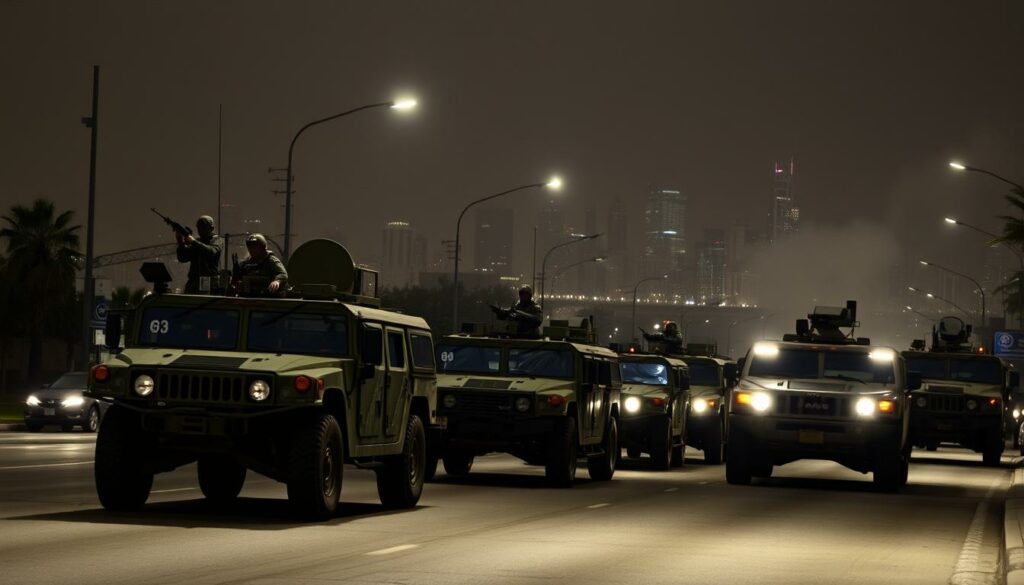 A massive military convoy of Humvees and armored personnel carriers rumbles down a deserted city street in Los Angeles, their camouflaged silhouettes casting long shadows under the harsh glare of searchlights. National Guard soldiers, garbed in fatigues and helmets, peer out from the vehicles, rifles at the ready. In the distance, the iconic skyline of the city rises, its skyscrapers partially obscured by a haze of tear gas. The air is thick with tension, as the soldiers advance through the eerily quiet urban landscape, ready to confront any civil unrest that may erupt.
