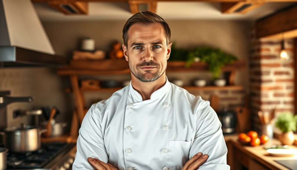 A meticulously crafted portrait of Uwe Hamacher, renowned German chef, set against a warm, inviting kitchen scene. In the foreground, Hamacher stands tall, his chiseled features and piercing gaze commanding attention, clad in a crisp, white chef's uniform. The middle ground is dominated by a well-stocked stove, simmering pots, and an array of freshly prepared ingredients, hinting at Hamacher's culinary mastery. In the background, a softly lit, rustic-chic kitchen space, with wooden beams, exposed brick, and a touch of greenery, evoking a cozy, homely ambiance. The lighting is warm and natural, casting gentle shadows and highlights that accentuate Hamacher's confident pose and the rich textures of the scene. The overall composition conveys a sense of refinement, passion, and the quiet power of a man who has dedicated his life to the art of cooking.