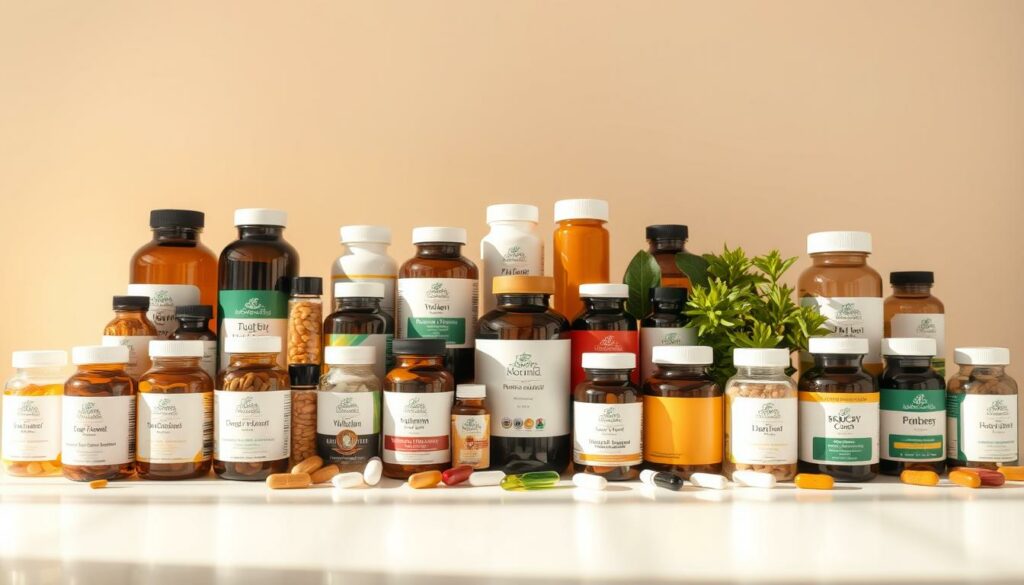 A meticulously curated selection of nutritional supplements arranged in a harmonious display. The foreground features an array of high-quality bottles and containers, each reflecting the light with a subtle sheen, inviting closer examination. The middle ground showcases the diverse range of supplements, from vitamins and minerals to herbal extracts and probiotics, all neatly organized to highlight their individual characteristics. The background is a soft, neutral tone, allowing the products to take center stage and convey a sense of professionalism and expertise. The lighting is warm and natural, casting gentle shadows that accentuate the three-dimensional form of the supplements. The overall composition exudes a sense of precision, quality, and the careful consideration required when selecting the right nutritional supplements.