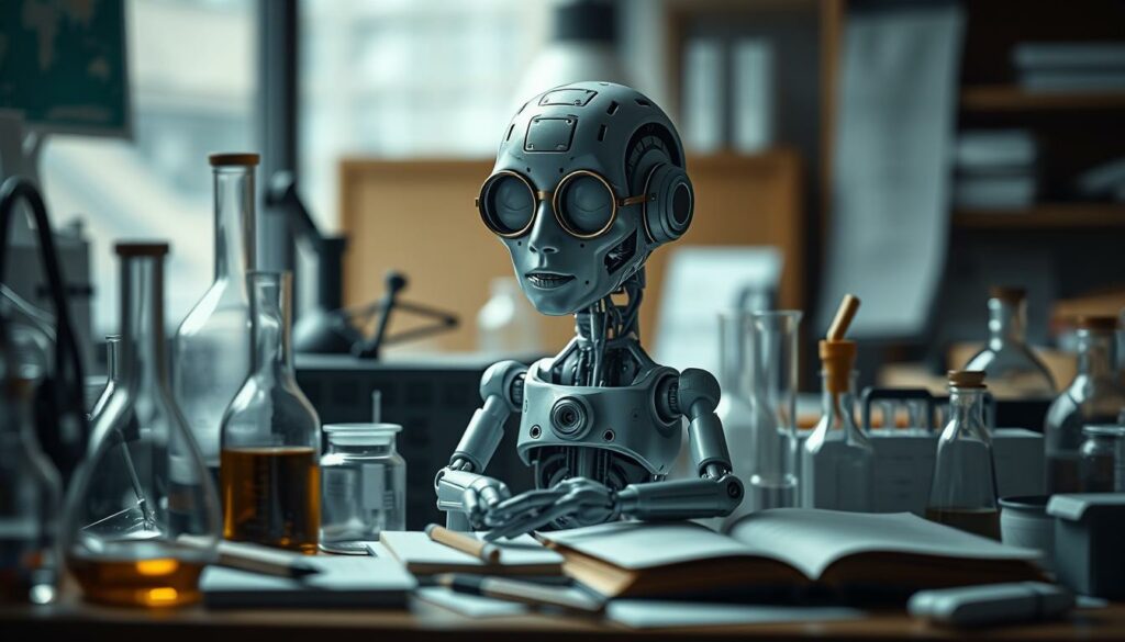 A meticulously detailed rendering of ChatGPT, the AI language model, in a scientific research environment. The model is depicted on a cluttered desk, surrounded by beakers, scientific instruments, and open notebooks. Soft, diffused lighting illuminates the scene, casting subtle shadows and highlighting the intricate textures of the objects. The background is blurred, drawing the viewer's attention to the central figure of ChatGPT, which appears to be engaged in deep thought or analysis. The overall mood is one of contemplation and intellectual inquiry, reflecting the role of ChatGPT in the scientific community.