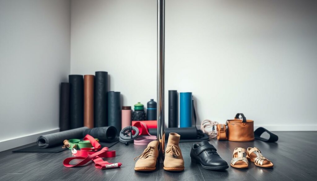 A meticulously lit studio setting showcasing a thoughtfully curated selection of pole dance equipment. In the foreground, a shiny chrome pole stands tall, its sleek surface reflecting the soft, diffused lighting. Surrounding it, an assortment of yoga mats, resistance bands, and other fitness accessories are artfully arranged, hinting at the versatility and full-body nature of pole dance. In the middle ground, a series of supportive, high-quality dance shoes and grip aids are displayed, highlighting the importance of proper equipment for this physically demanding discipline. The background features a minimalist, clean-lined backdrop, allowing the featured items to take center stage and emphasize their functional elegance. The overall mood is one of professionalism, practicality, and a subtle nod to the athletic grace of pole dance.
