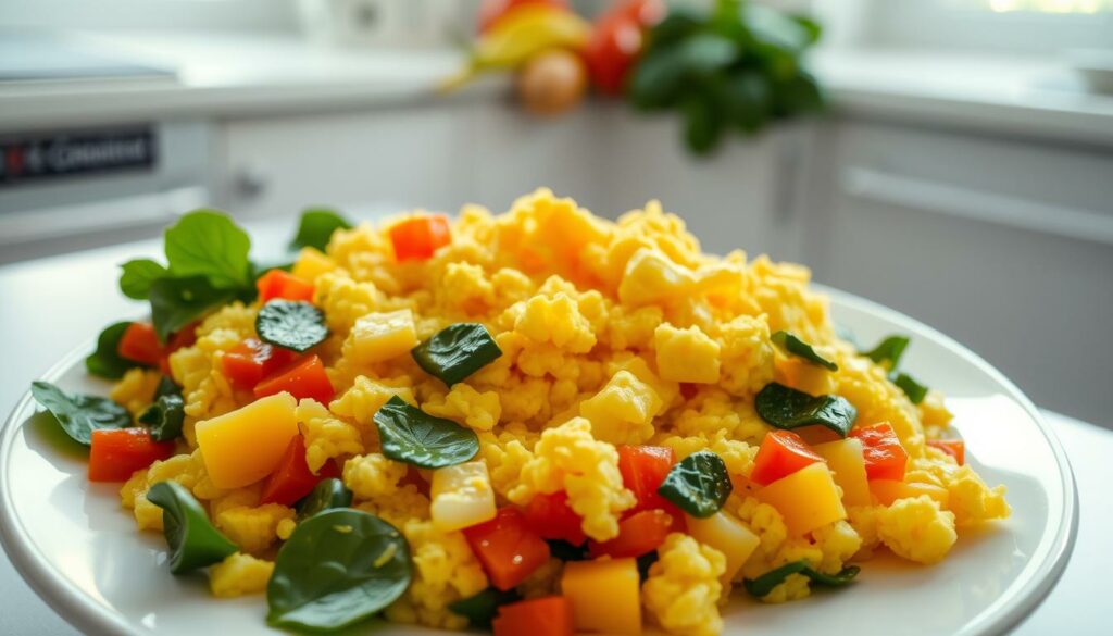 A meticulously prepared plate of fluffy, golden-hued scrambled eggs, nestled amidst a vibrant array of sautéed vegetables. In the foreground, a mix of finely chopped bell peppers, onions, and spinach leaves, glistening with a touch of olive oil. The middle ground features the eggs, cooked to perfection, with a creamy, velvety texture. In the background, a minimalist, light-filled kitchen setting, with clean, white surfaces and a subtle hint of natural light filtering in through a nearby window. The overall atmosphere is one of simplicity, health, and a celebration of fresh, wholesome ingredients, perfectly suited to fuel a fitness-focused morning routine.