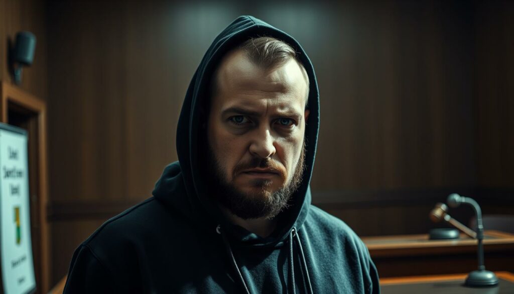A mid-shot of the controversial German rapper Gzuz, wearing a dark hoodie and a serious expression, standing in a dimly lit courtroom setting. The background features a wooden bench, a microphone, and a gavel on a judge's table, suggesting the legal troubles the artist has faced. The lighting is dramatic, casting shadows on Gzuz's face, conveying the gravity of the situation. The image has a documentary-style feel, capturing the tension and controversy surrounding the artist's legal problems.