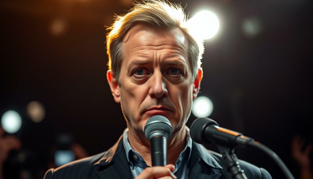 A middle-aged man, Hape Kerkeling, stands before a microphone, his face radiating a palpable mix of nervousness and determination. The bright stage lights cast dramatic shadows, creating a sense of vulnerability and exposure. The background is a blurred field of media flashes, symbolizing the intense public scrutiny he faces. The camera angle is slightly low, heightening the dramatic tension and emphasizing the gravity of the moment. An air of melancholy and introspection permeates the scene, reflecting the emotional toll of this public "outing" and its far-reaching consequences.