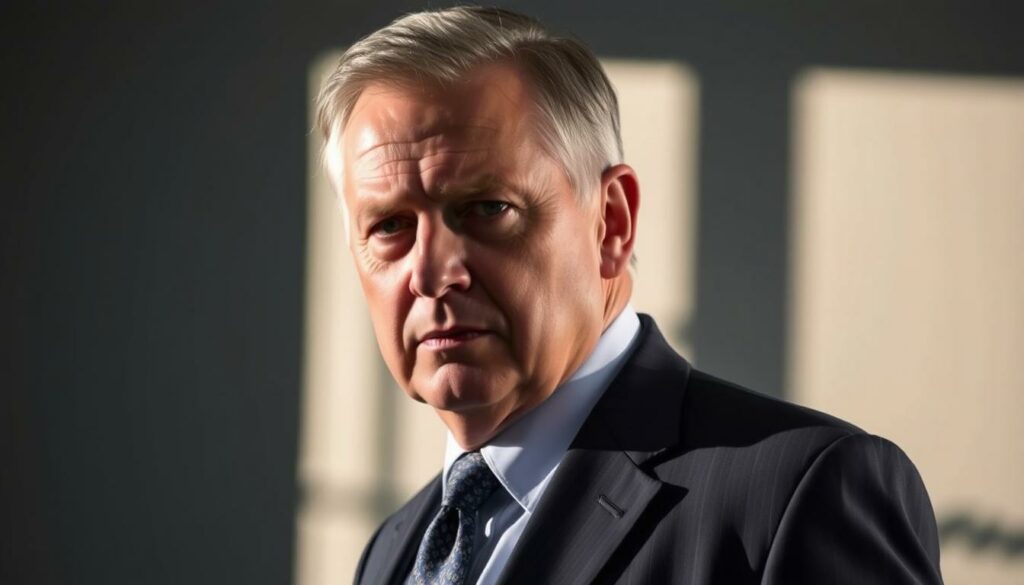 A middle-aged man, John Glen, stands in a serious pose, his expression conveying a sense of determination. He wears a crisp suit and tie, signaling his professional status. The lighting is natural, casting subtle shadows that add depth and dimension to the scene. The background is slightly blurred, keeping the focus on the subject. The overall mood is one of seriousness and purpose, befitting the tone of the article section on the film's production.