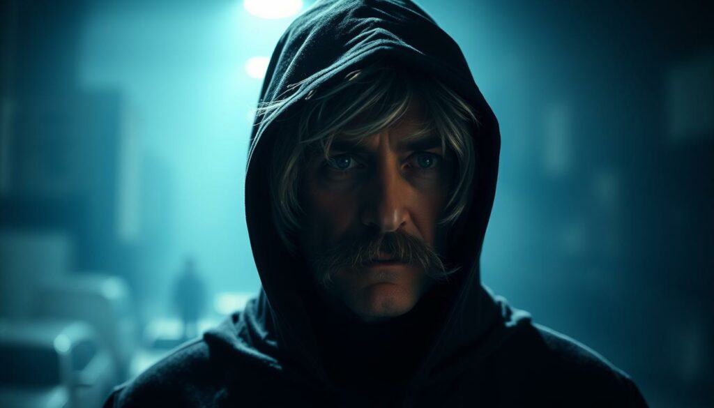 A middle-aged man with a gray wig and mustache, shrouded in a dark hooded cloak, stands in a dimly lit, anonymous setting. The lighting is moody, with soft shadows and highlights accentuating the mystery of his concealed identity. The background is a hazy, indistinct urban landscape, suggesting a sense of secrecy and isolation. The man's gaze is averted, his expression indecipherable, creating an air of enigma and intrigue. The overall scene conveys a sense of anonymity, personal concealment, and the secrets that lie beneath the surface.