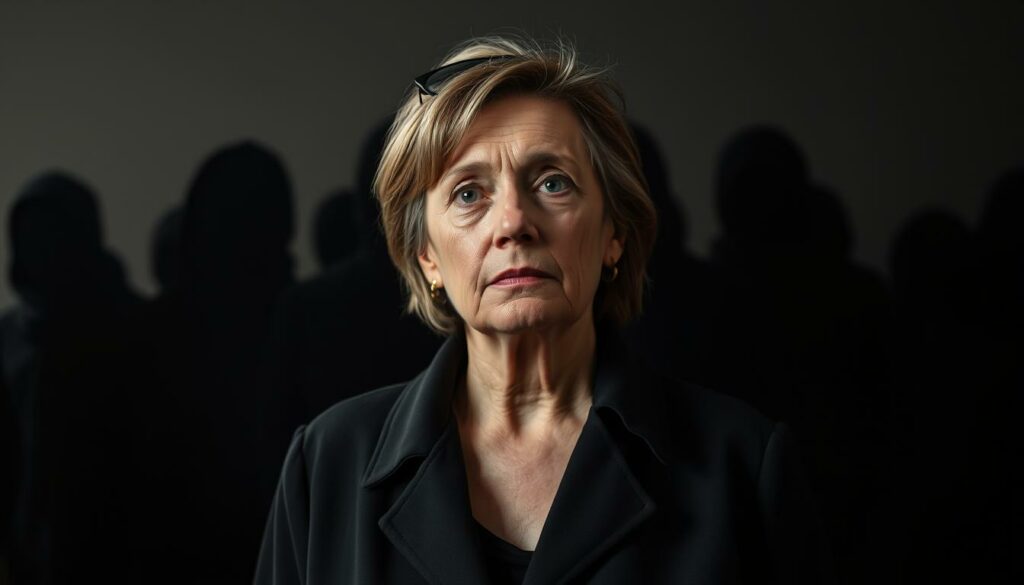 A middle-aged woman, Arabella Kiesbauer, stands resolute against a backdrop of shadowy figures, representing the ongoing debate around racism. Her expression is somber, yet determined, as she navigates the complex and often harrowing landscape of this national discourse. The lighting is dramatic, casting sharp contrasts and emphasizing the weight of the moment. The composition places Arabella as the focal point, surrounded by a sense of tension and unease, reflecting the challenging circumstances she addresses. The overall atmosphere evokes a sense of introspection and the need for deeper understanding, mirroring the themes of "Überlebenskampf: Rassismus und das Attentat von 1995".