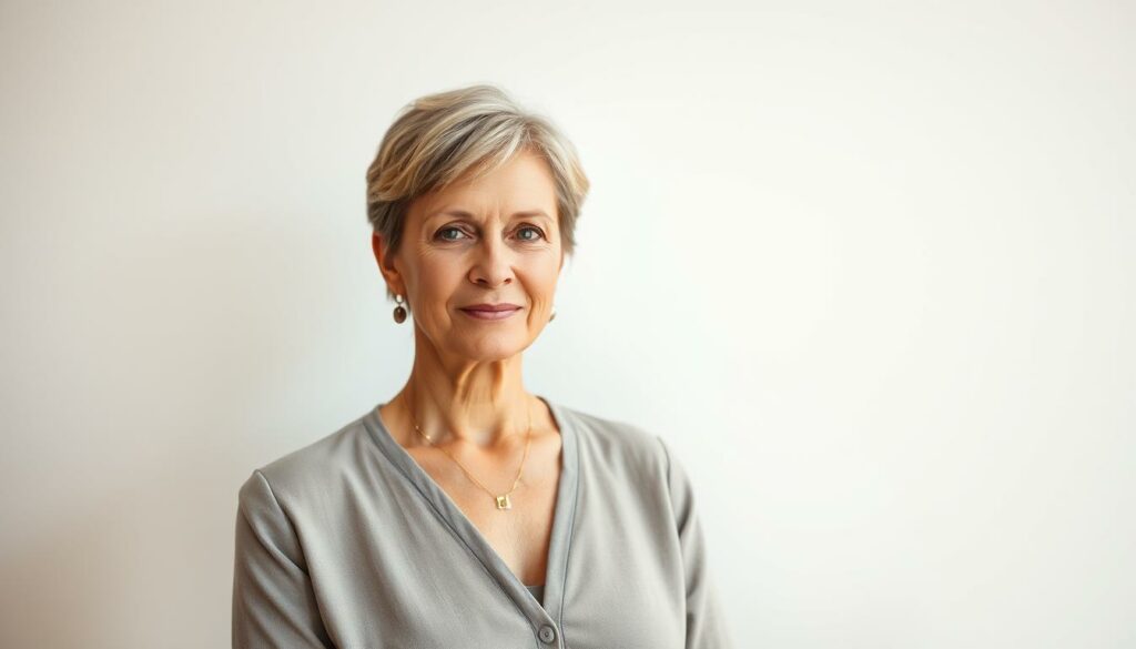 A middle-aged woman with a confident, self-assured expression stands in front of a plain white wall, dressed in a flattering yet modest outfit. The lighting is soft and diffused, creating a warm, welcoming atmosphere. Her gaze is directed towards the camera, conveying a sense of empowerment and self-acceptance. The background is blurred, placing the focus entirely on the woman's presence and her poise. The image captures the essence of "Selbstbestätigung online," where individuals find validation and confidence through digital platforms.