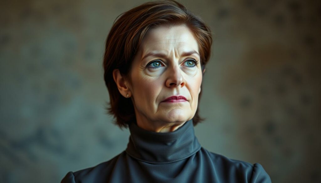 A middle-aged woman with a stern yet pensive expression, her chestnut hair neatly styled, stands before a backdrop of muted, earthy tones. She is dressed in a sleek, high-collared blouse, her posture conveying a sense of resolve. The lighting is soft and diffused, creating a contemplative atmosphere. The camera angle is slightly elevated, lending an air of contemplation to the scene. The woman's gaze is fixed, her eyes reflecting a mixture of determination and a hint of melancholy, as if she is about to embark on a significant life decision.