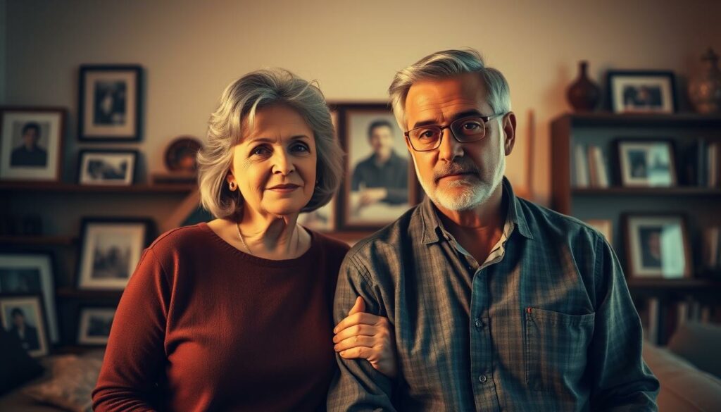 A middle-aged woman with a warm, gentle expression stands beside a slightly younger man with a thoughtful, focused gaze. They are positioned in a cozy, softly lit living room, surrounded by framed photographs and bookshelves that suggest a sense of domestic tranquility. The woman's hand rests lightly on the man's arm, hinting at a close, supportive relationship. The lighting casts a golden, introspective hue, conveying the sense of a partnership that has weathered the years and contributed to the man's success. The overall atmosphere suggests a harmonious collaboration, where the woman's influence has shaped the man's career in subtle, yet profound ways.