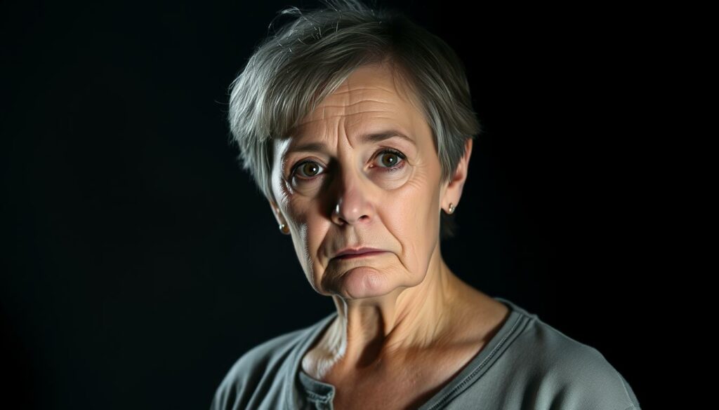 A middle-aged woman with short, graying hair and deep-set eyes stands against a dimly lit backdrop. Her expression is pensive, her body language conveying a sense of weariness. The lighting is harsh, casting dramatic shadows across her face, emphasizing the lines and wrinkles that time has etched. She wears a simple, unflattering outfit, suggesting a rejection of the glamour and style once associated with her. The overall atmosphere is somber, reflecting the subject's disillusionment with the industry that once celebrated her.