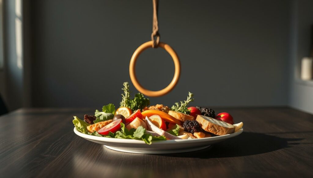 A minimalist, high-contrast photograph of a healthy, balanced calisthenics meal on a dark wooden table. In the foreground, a plate showcases a variety of nutrient-dense ingredients - lean protein, colorful vegetables, complex carbohydrates, and healthy fats. The lighting is natural and soft, casting warm shadows and highlights that accentuate the textures and colors of the food. In the middle ground, a set of gymnastics rings hangs suspended, symbolizing the connection between proper nutrition and calisthenics training. The background is blurred, but hints at a simple, uncluttered indoor setting, allowing the meal to be the focal point. The overall mood is one of discipline, wellness, and the synergy between diet and bodyweight fitness.
