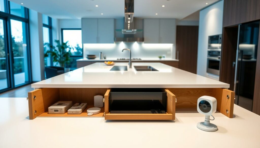 A minimalist modern kitchen interior with sleek appliances and a central island. In the foreground, an open drawer reveals practical security measures - a hidden safe, discreet alarms, and a personal safety device. The middle ground shows a pristine countertop with a stylish security camera blending seamlessly into the decor. The background showcases floor-to-ceiling windows allowing natural light to fill the space, creating a sense of openness and safety. The overall mood is one of sophistication, efficiency, and subtle vigilance - a sanctuary of security within an elegant living space.