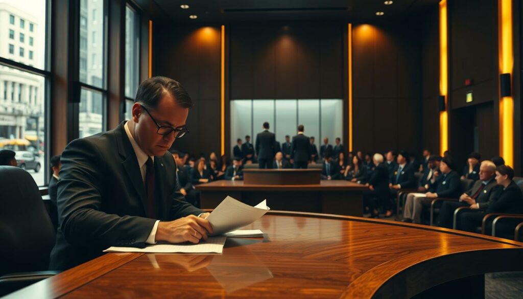 A modern courtroom interior, dimly lit with warm, amber-toned lighting. In the foreground, a sleek wooden desk is occupied by a stern-faced prosecutor, their brow furrowed in concentration as they review documents. Behind them, a large window offers a glimpse of a bustling city street, hinting at the broader context of the case. The middle ground is dominated by a raised platform, where a witness stands, testifying before the prosecutor. The background is filled with the hushed murmurs of onlookers, their faces obscured in shadow, creating an atmosphere of seriousness and gravitas. The scene is captured through a wide-angle lens, emphasizing the imposing scale and authority of the legal proceedings.