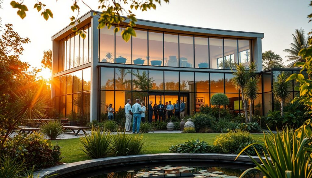 A modern, eco-friendly building with large windows and a minimalist, plant-based design. The structure is nestled amidst lush greenery, with carefully curated gardens and a tranquil water feature in the foreground. Warm, natural lighting filters through the glass, creating a serene and inviting atmosphere. The architecture seamlessly blends with the surrounding landscape, conveying a sense of harmony between the built and natural environments. In the middle ground, a group of people are gathered, engaged in a discussion or presentation, highlighting the institute's mission and community-oriented approach. The overall scene evokes a forward-thinking, sustainable, and wellness-focused institution dedicated to the plant-based lifestyle.