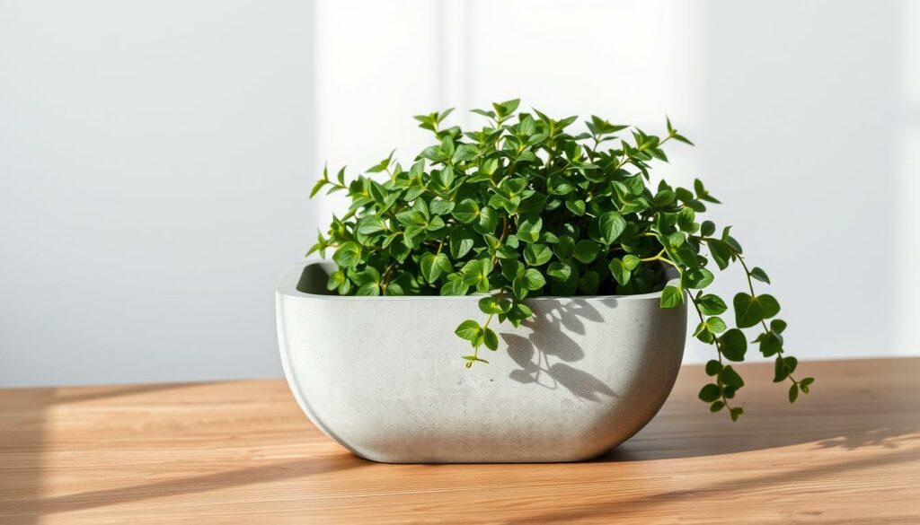 A modern, minimalist concrete-effect plastic planter resting on a wooden table. Soft, diffused natural light casts gentle shadows. The planter's matte, textured surface emulates the appearance of poured concrete, with subtle variations in tone and finish. Inside, a lush, verdant plant cascades over the sides, its vibrant foliage contrasting with the neutral tones of the container. The overall aesthetic is clean, sophisticated, and well-suited for a contemporary interior design setting.