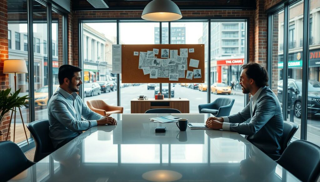 A modern, sleek office interior with a large window overlooking the lively streets of New Orleans. In the foreground, two professionals sit at a polished conference table, engaged in an animated discussion. The middle ground features a cork board displaying various notes, sketches, and a map of the city, hinting at the "Match Made in NOLA" process. The background is softly lit, with warm lighting reflecting off the exposed brick walls and mid-century modern furniture, creating a welcoming, collaborative atmosphere. The overall scene conveys a sense of forward-thinking innovation and entrepreneurial spirit.