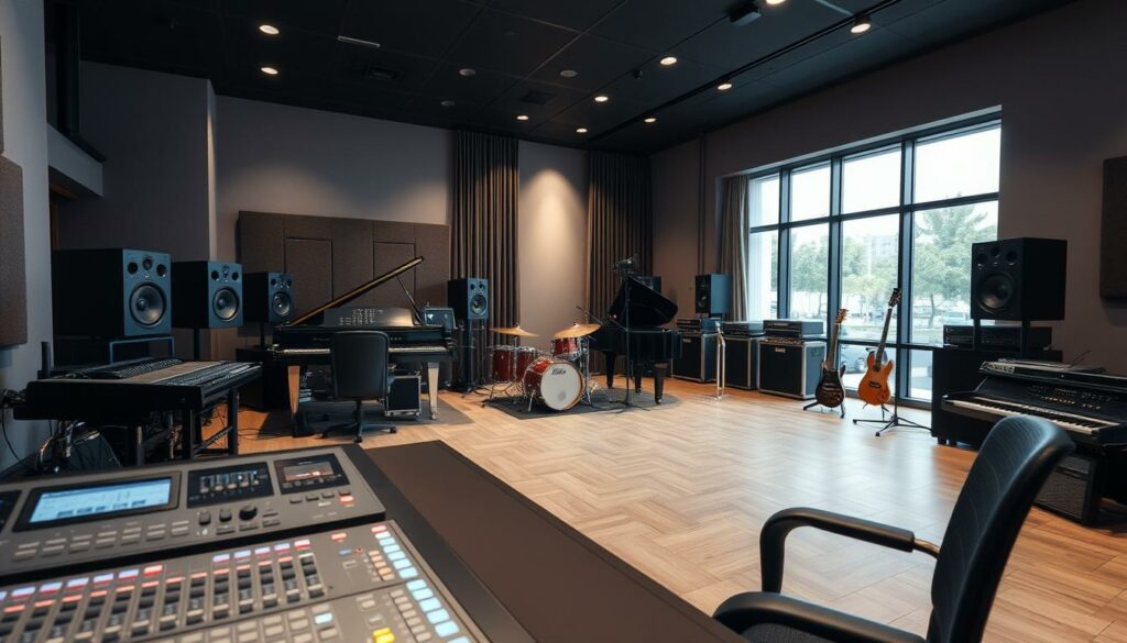 A modern, well-equipped music production studio with state-of-the-art equipment. In the foreground, a sleek mixing console with an array of faders, knobs, and LED displays. Surrounding it, high-end studio monitors and a comfortable chair. In the middle ground, various instruments including a grand piano, drum kit, and guitar amps. The background features acoustic panels, sound-dampening curtains, and large windows providing natural light. The atmosphere is one of focused creativity, with subtle ambient lighting and a sense of technological sophistication. The overall scene conveys the professional, high-quality environment required for a major music production.