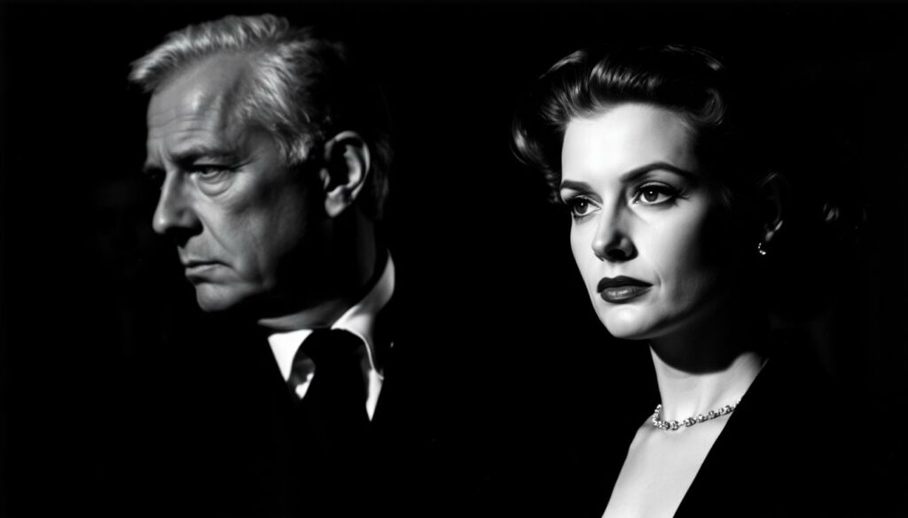 A moody, atmospheric portrait of Alfred Hitchcock and Grace Kelly, captured in a black and white, high-contrast style. Hitchcock stands behind Kelly, his signature profile and intense gaze dominating the frame, while Kelly gazes solemnly off-camera, her regal bearing and elegant poise reflecting the difficult decision to end her acting career. The lighting is dramatic, casting deep shadows and highlights that accentuate the subjects' features. The background is slightly blurred, keeping the focus on the powerful interaction between these two iconic figures of classic Hollywood.