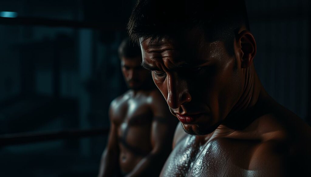A moody, cinematic portrait of a boxer's private life, bathed in deep shadows and harsh lighting. In the foreground, a weathered face, eyes downcast, conveying a sense of inner turmoil. The middle ground reveals the boxer's toned, scarred physique, a testament to the brutal nature of his profession. In the background, a dimly lit, gritty urban setting, hinting at the darker aspects of his off-the-ring experiences. The scene is imbued with a melancholic atmosphere, capturing the duality of a champion's public and private personas.
