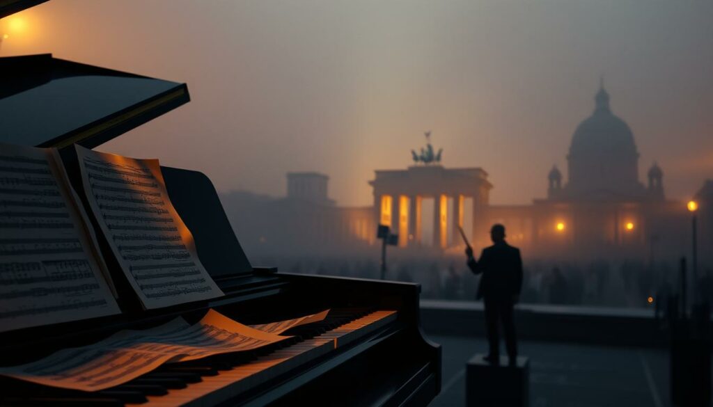 A moody, cinematic scene depicting the influential soundtrack to the James Bond film "Octopussy", set against the backdrop of Germany. In the foreground, a grand piano with sheet music cascading over the keys, illuminated by a warm, golden light. In the middle ground, a silhouetted orchestra conductor raising their baton, capturing the dramatic musical performance. The background is shrouded in a hazy, atmospheric fog, with the iconic German skyline visible in the distance, including the Brandenburg Gate and Reichstag building. The overall mood is one of sophistication, tension, and a touch of espionage, capturing the essence of the James Bond franchise and its connection to Germany.