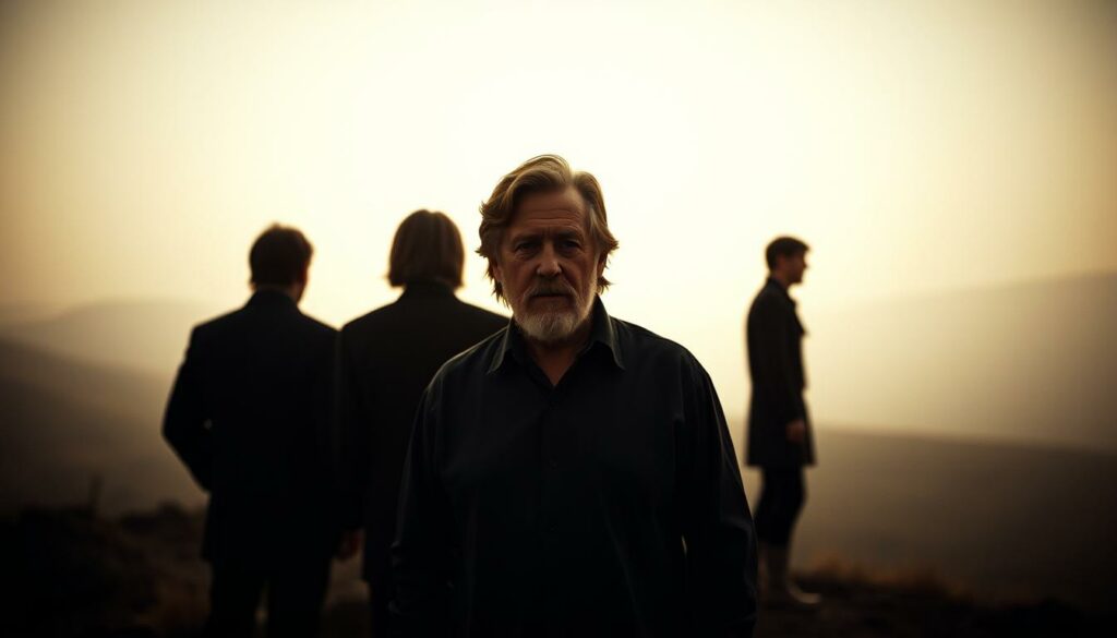 A moody, dramatic portrait of Brian Wilson standing alongside the iconic silhouettes of the Beatles. In the foreground, Wilson is bathed in a soft, melancholic light, his expression conveying the weight of his inner struggles and the pressure of competing with the Fab Four. The middle ground features the shadowy, anonymous figures of the Beatles, their backs turned, symbolizing the intensity of the musical rivalry. The background is a hazy, dreamlike landscape, evoking the psychedelic era and the complex emotional landscape Wilson navigated. The overall tone is one of contemplation, tension, and the bittersweet nature of creative genius.