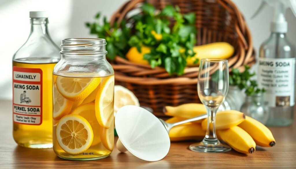 A neatly arranged still life scene of various household items commonly used as natural remedies against fruit flies. In the foreground, a glass jar filled with apple cider vinegar, sliced lemon, and a paper funnel trap. Behind it, a small plate of ripe bananas and an overturned wine glass coated with a thin layer of dish soap. In the background, a wicker basket with fresh herbs, a dish of baking soda, and a spray bottle of diluted essential oils. Soft, natural lighting illuminates the scene, highlighting the textures and colors of the organic materials. The overall mood is one of simplicity, practicality, and eco-friendly problem-solving.