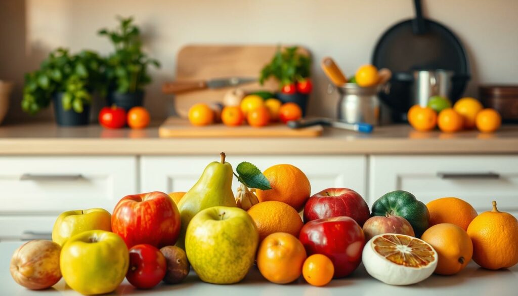 A neatly organized kitchen counter, with various fruits and vegetables carefully arranged. In the foreground, a collection of apples, pears, and citrus fruits are displayed, their vibrant colors and flawless textures inviting the viewer to appreciate their freshness. In the middle ground, a few potted herbs and a cutting board with a knife add a sense of preparation and culinary intent. The background is softly blurred, creating a sense of depth and focus on the central display. The lighting is warm and natural, casting gentle shadows and highlighting the produce's individual characteristics. The overall scene conveys a sense of order, cleanliness, and attention to detail, emphasizing the importance of proper storage to prevent fruit fly infestations.