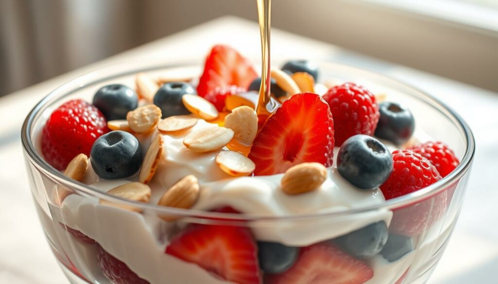 A nourishing Greek yogurt parfait with a vibrant medley of fresh berries, sliced almonds, and a drizzle of honey. The yogurt has a smooth, creamy texture, and the berries add pops of juicy sweetness. Soft natural lighting illuminates the scene, casting a warm, inviting glow. The parfait is elegantly presented in a clear glass bowl, showcasing the layers of ingredients. The overall composition is balanced and visually appealing, capturing the essence of a wholesome, nutritious breakfast.
