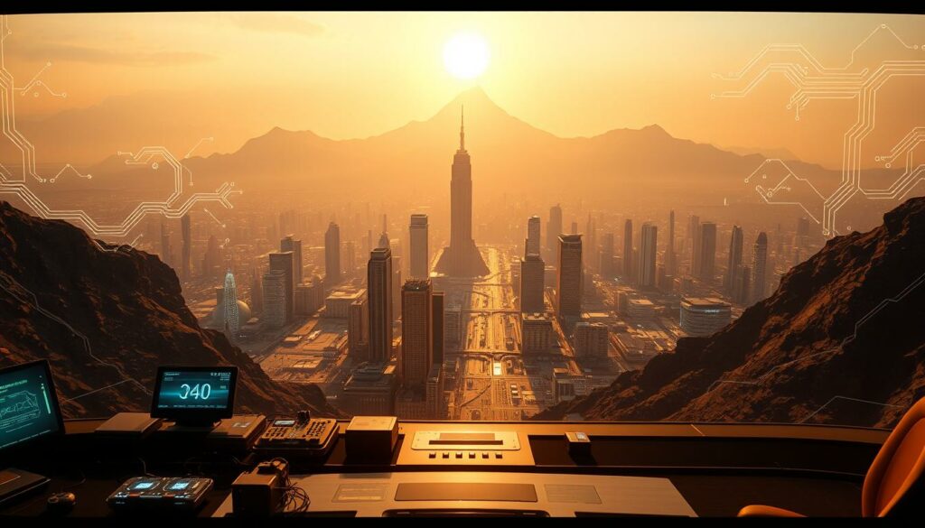 A panoramic digital landscape depicting Elon Musk's technology and political strategy. In the foreground, a futuristic control center with holographic displays and cutting-edge gadgets. In the middle ground, a vast cityscape of gleaming skyscrapers and autonomous vehicles. In the background, a towering digital mountain range, its peaks shrouded in a hazy, electric atmosphere. The scene is bathed in a warm, golden glow, creating a sense of power and ambition. Intricate circuitry and algorithmic patterns weave through the environment, symbolizing the integration of technology and politics. The overall mood is one of technological dominance and strategic vision.