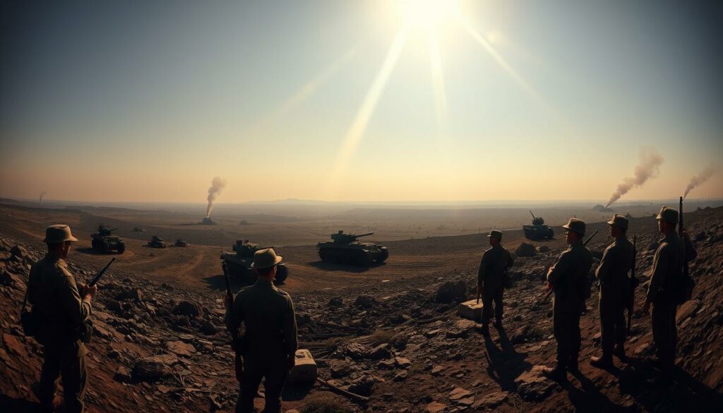 A panoramic scene of historical U.S. military operations, captured with a wide-angle lens. In the foreground, soldiers in vintage uniforms stand at attention, rifles in hand. The middle ground depicts armored vehicles and artillery pieces, casting long shadows across the rugged terrain. In the distant background, plumes of smoke rise from the horizon, suggesting the chaos of past conflicts. The lighting is dramatic, with rays of sunlight piercing through the hazy atmosphere, creating a sense of solemn gravitas. The overall tone evokes the weight of America's martial history, a somber reflection on the price of power and the sacrifices made in its name.
