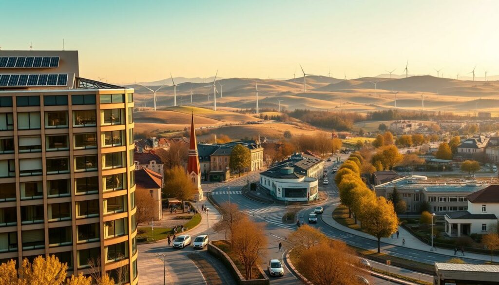 A panoramic view of the European financial landscape, showcasing sustainable financing initiatives. In the foreground, a modern office building with solar panels on the roof stands as a symbol of green investment. In the middle ground, bustling city streets with electric vehicles and pedestrians, hinting at the integration of sustainability into daily life. The background features rolling hills dotted with wind turbines, conveying the widespread adoption of renewable energy sources. The scene is bathed in warm, golden light, creating a sense of optimism and progress. The composition emphasizes the interconnectedness of economic, environmental, and social factors in shaping a sustainable future for Europe.