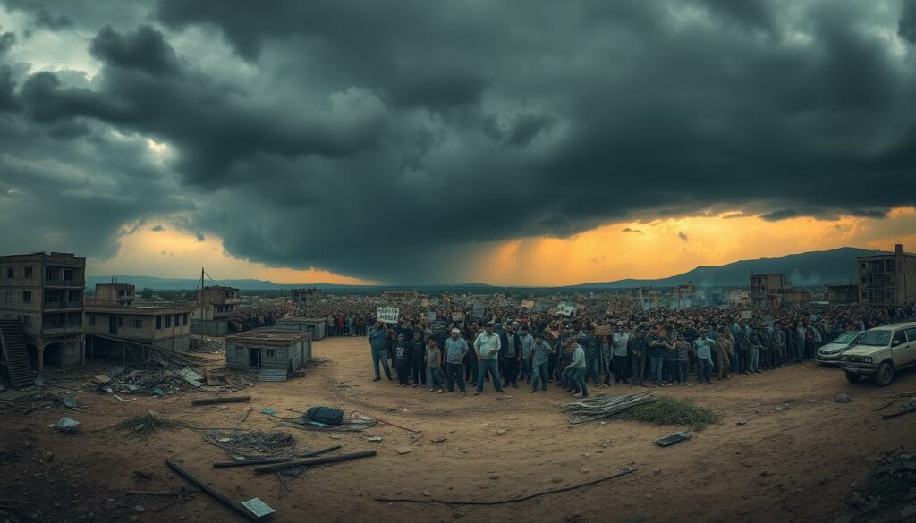 A panoramic vista depicting the long-term consequences of political decisions. In the foreground, a desolate landscape littered with crumbling infrastructure and abandoned buildings, conveying a sense of societal decay. In the middle ground, a crowd of disgruntled citizens engaged in heated protests, their faces etched with frustration and despair. In the distant background, ominous storm clouds loom, symbolizing the looming political and economic instability. The scene is illuminated by a dim, sickly yellow light, casting an eerie, foreboding atmosphere. The overall composition evokes a sense of hopelessness and the urgent need for change, reflecting the lasting impact of flawed political strategies.