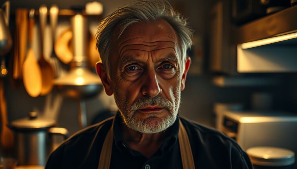 A pensive Alfons Schuhbeck standing amidst a dimly lit kitchen, his face etched with a mix of pride, regret, and introspection. Warm lighting casts dramatic shadows, accentuating the weathered contours of his visage. In the background, a hazy, out-of-focus arrangement of culinary tools and appliances, symbolic of his life's work. The composition conveys a sense of solitude and contemplation, as Schuhbeck reflects on his triumphs and failures, his unwavering passion, and the personal costs of his remarkable journey.