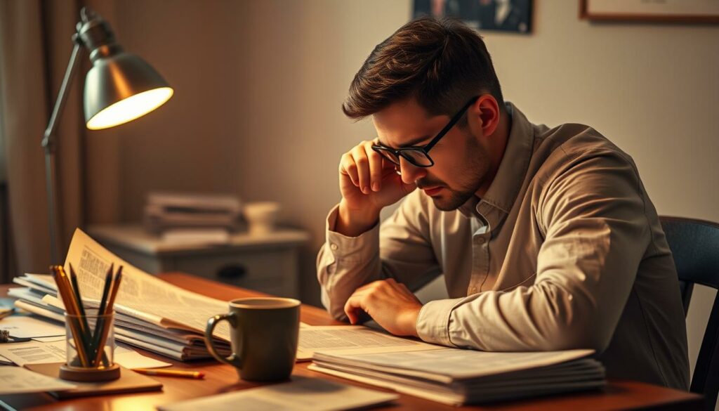 A pensive person sitting at a wooden desk, poring over a newspaper, deep in thought. The desktop is cluttered with papers, pencils, and a mug of coffee, hinting at the mental effort required. Soft, warm lighting from a table lamp casts a cozy glow, while the background is slightly blurred, focusing attention on the act of strategizing. The person's expression is one of concentration, as they contemplate Wordle clues and devise their next move. The overall atmosphere is one of quiet determination, reflecting the challenge and satisfaction of mastering word puzzles.