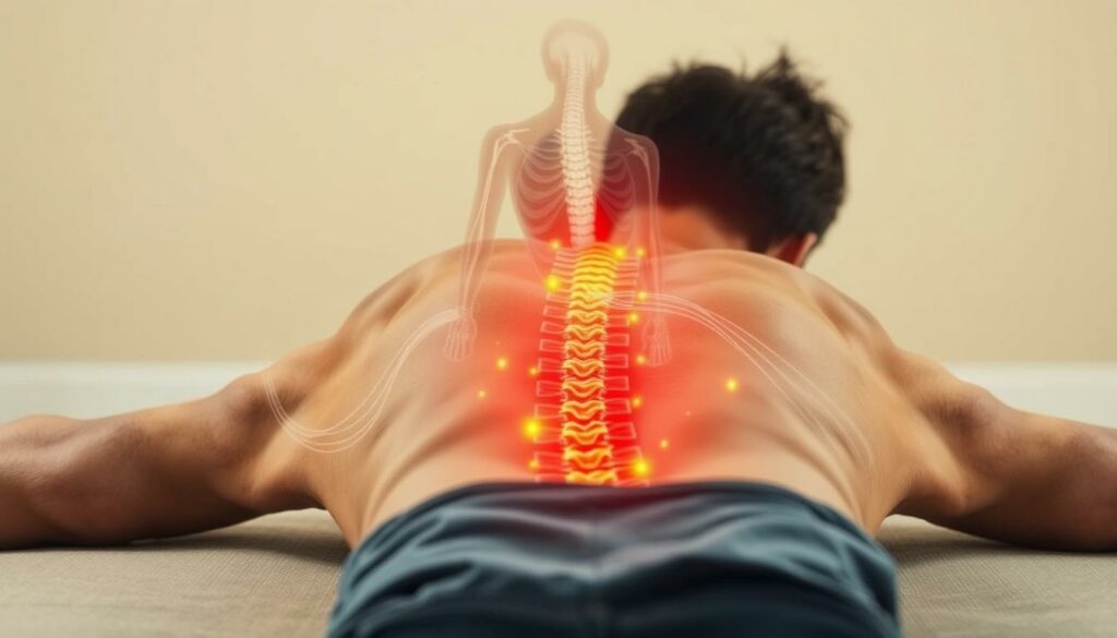 A person lying on their back, displaying various symptoms of lower back pain. The foreground shows a detailed close-up view of the spine, with specific areas highlighted to indicate radiating pain, muscle tension, and inflammation. The middle ground features a semi-transparent anatomical overlay, revealing the underlying musculature and vertebrae. The background is a neutral, soft-focus setting, allowing the focus to remain on the subject's physical symptoms. The lighting is warm and natural, creating a sense of comfort and empathy. The overall composition conveys a clinical yet compassionate mood, suitable for an informative medical illustration.