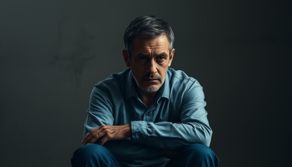 A person sitting alone, deep in thought, their face etched with a weary, yet resolute expression. The background is muted, with subtle textures and a sense of introspection. Soft, diffused lighting illuminates the subject, casting a pensive mood. The composition is balanced, with the figure centered and occupying the foreground, drawing the viewer's attention to the personal challenges and resilience implied by the ALS diagnosis. The overall tone is one of quiet determination, as if the subject is grappling with a difficult reality but finds the strength to press on.