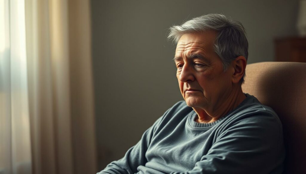 A person sitting on a chair, their face showing signs of exhaustion from cancer treatment. Soft, diffused lighting from the side, casting gentle shadows. The figure's posture is slumped, conveying a sense of fatigue and the toll of the recovery process. The background is blurred, hazy, and muted, emphasizing the subject's introspective state. Subtle details like dark circles under the eyes and a weary expression capture the physical and emotional strain of the long-term effects of cancer therapy. The atmosphere is somber, reflective, and empathetic, inviting the viewer to contemplate the challenges faced by cancer survivors.