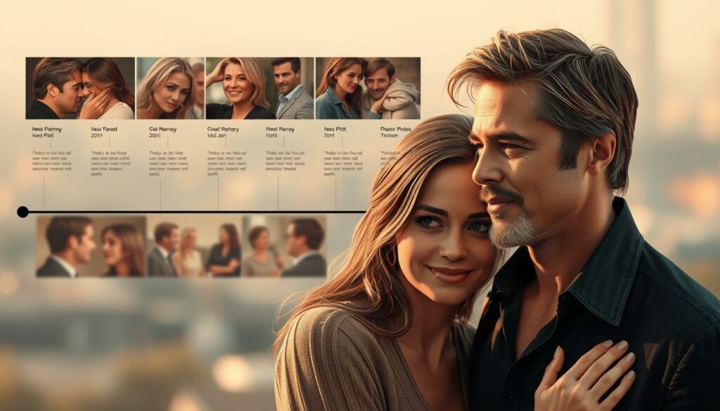 A photorealistic timeline illustration of Brad Pitt's relationships, focused on his most recent romance with Ines de Ramon. In the foreground, a stylized collage of intimate portraits of the couple, captured in warm, natural lighting, showcasing their affectionate connection. In the middle ground, a visual timeline of Pitt's past relationships, rendered in a muted, nostalgic palette. The background features a soft, blurred cityscape, hinting at the public nature of their high-profile lives. The overall composition conveys a sense of intimacy, introspection, and the evolving nature of Pitt's romantic journey.