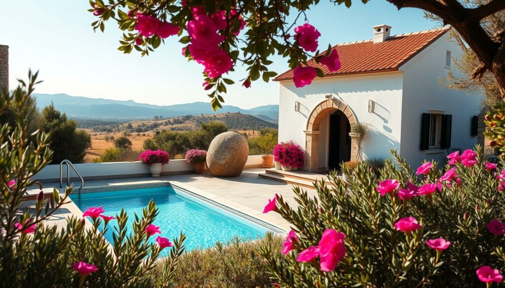 A picturesque Mediterranean villa nestled in the rolling hills of Greece, surrounded by lush olive groves and vibrant bougainvillea. The sun-drenched facade features a classic Grecian design, with white-washed walls, terracotta roof tiles, and ornate arched doorways. A charming, secluded pool area is visible in the foreground, its turquoise waters shimmering under the warm Mediterranean light. In the background, the distant silhouettes of olive trees and rolling hills create a serene, idyllic landscape. The overall mood is one of tranquility, romance, and a touch of intrigue, evoking the essence of a "Make Love, Fake Love" villa retreat.
