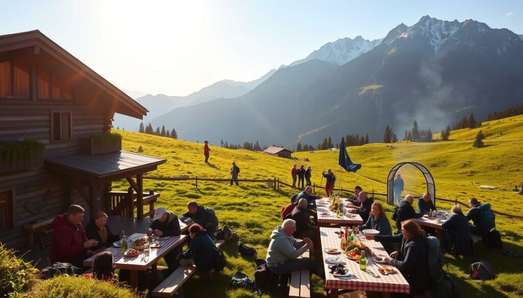 A picturesque mountain landscape, with the majestic Wilder Kaiser range rising in the background, bathed in warm, golden sunlight. In the foreground, a cozy mountain hut nestled amongst lush, verdant meadows, its rustic wooden exterior complemented by a charming outdoor dining area. Groups of hikers and climbers gather around long, communal tables, enjoying a hearty "Hüttenessen" - a traditional Tyrolean mountain meal of local, seasonal ingredients. The aroma of freshly grilled meats, fragrant herbs, and simmering stews fills the air, creating a convivial, welcoming atmosphere. Wooden benches and tables are adorned with checkered tablecloths, evoking a sense of rustic authenticity. Hiking poles, backpacks, and mountaineering gear are casually strewn about, reflecting the adventurous spirit of the diners. The overall scene captures the essence of a quintessential mountain dining experience, blending the natural beauty of the Wilder Kaiser with the comforts of a cozy mountain hut.