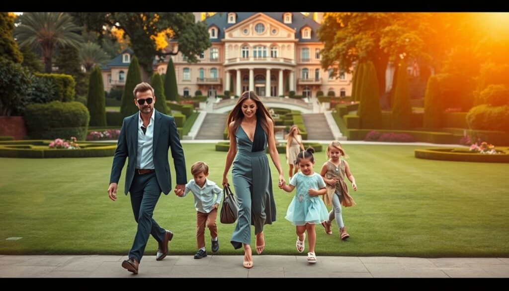 A picturesque scene of the Beckham family's lavish lifestyle. In the foreground, David and Victoria Beckham stroll hand-in-hand, dressed in high-fashion attire, exuding an air of sophistication. Their three children, Brooklyn, Romeo, and Harper, playfully interact in the middle ground, surrounded by a lush, meticulously manicured garden. In the background, the Beckham's opulent mansion stands tall, its grand architecture and immaculate landscaping reflecting their wealth and status. Warm, golden sunlight bathes the scene, creating a serene and aspirational atmosphere. A soft, bokeh effect gently blurs the edges, drawing the viewer's focus to the family's effortless elegance and the luxurious world they inhabit.