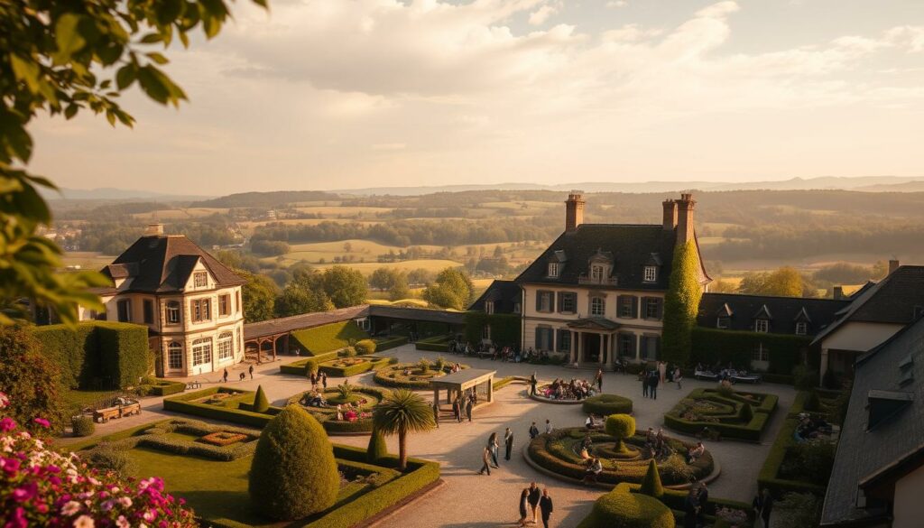 A picturesque scene of the Steinkamp, the iconic setting from the long-running German soap opera "Alles was zählt". In the foreground, the stately manor house with its grand facade and elegant architecture, nestled amidst lush, manicured gardens. The middle ground features the bustling courtyard, with characters from the show going about their daily lives, captured in a candid, naturalistic style. In the background, the rolling hills and expansive sky, bathed in warm, golden sunlight that casts a soft, dreamy glow over the entire scene. The composition is balanced and visually compelling, inviting the viewer to immerse themselves in the world of "Alles was zählt" and its timeless, iconic setting.