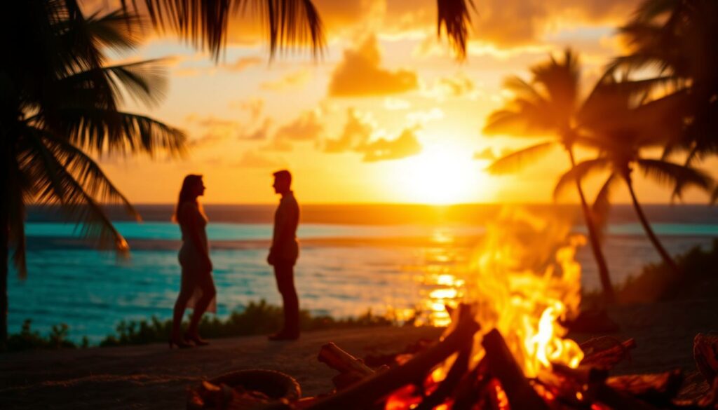 A picturesque scene of the Temptation Island 2025 finale, captured under a warm, golden sunset. In the foreground, a crackling campfire casts a flickering glow, surrounded by the silhouettes of two figures engaged in an intimate conversation. The middle ground reveals the lush, tropical landscape, with swaying palm trees and a tranquil, turquoise ocean in the distance. The background is adorned with a vibrant, fiery sky, the sun dipping below the horizon, painting the scene in a mesmerizing blend of hues. The atmosphere is one of tension and anticipation, as the final moments of the dramatic season unfold. Cinematic lighting and a shallow depth of field create a sense of focus and emotion, drawing the viewer into the captivating narrative.