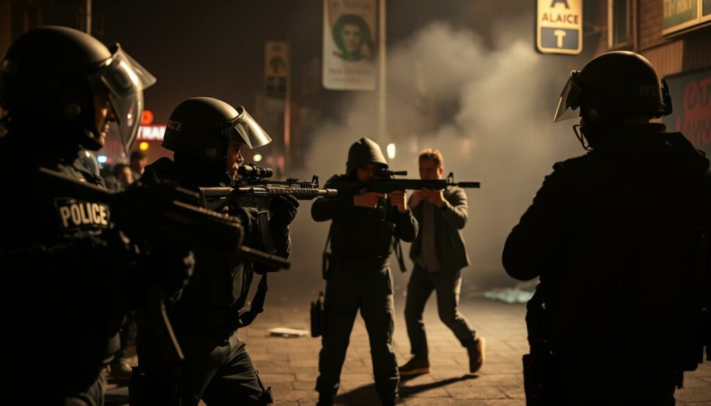 A police operation with the use of firearms, set against the backdrop of a dimly lit urban scene. In the foreground, heavily armored officers in tactical gear take cover, their weapons drawn and at the ready. The middle ground reveals the tense confrontation, with a suspect in the crosshairs, his movements tense and unpredictable. The background is shrouded in shadows, hinting at the gravity of the situation and the potential for further escalation. Dramatic chiaroscuro lighting casts sharp contrasts, emphasizing the high-stakes nature of the encounter. The overall atmosphere is one of anxious anticipation, as the scene unfolds with a sense of restrained power and the weight of legal consequences.