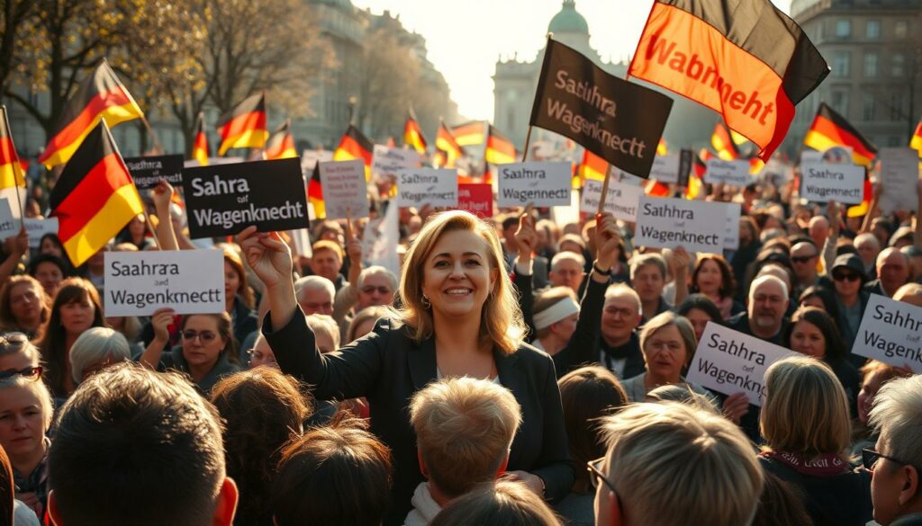 A politically-charged gathering of people rallying around Sahra Wagenknecht, a prominent German politician. The scene is captured with a wide-angle lens, revealing a large crowd of diverse individuals waving flags and signs with Wagenknecht's name and slogans. The lighting is natural, with a warm, golden hue casting a sense of energy and determination. The middle ground showcases the crowd's passion, while the background suggests an urban setting, perhaps a city square or a prominent landmark. The overall atmosphere conveys a sense of political activism, civic engagement, and Wagenknecht's ability to inspire and unite her supporters.