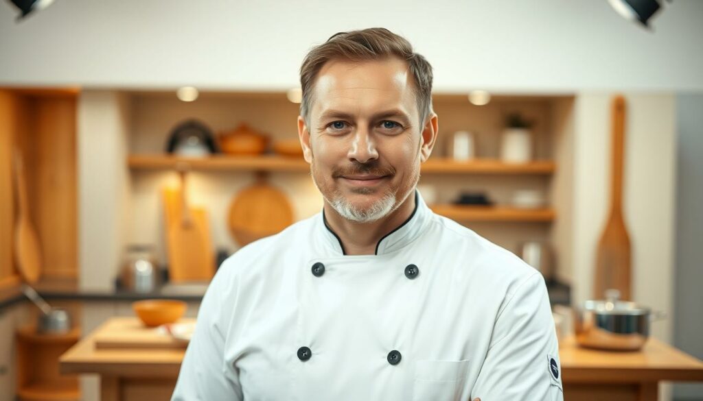 A portrait of Alexander Kumptner, a renowned Austrian TV chef, standing in a well-lit television studio. He is wearing a crisp, tailored chef's uniform, his gaze directed confidently towards the camera. Behind him, a backdrop of a cozy kitchen scene, complete with wooden countertops, pots, and pans, creates a warm and inviting atmosphere. The lighting is soft and flattering, highlighting Kumptner's features and creating a sense of professionalism and expertise. The composition places Kumptner as the central focus, with the television studio setting providing a subtle context for his role as a television personality and culinary expert.