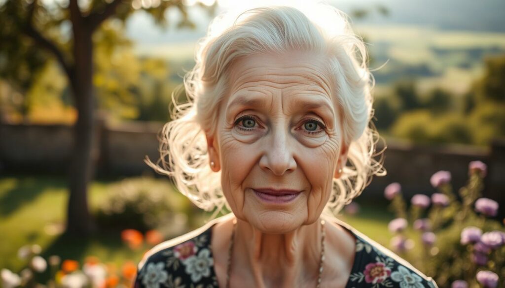 A portrait of Ruth Maria Kubitschek, a woman of grace and resilience. She stands in a serene garden, sunlight caressing her face. Her eyes radiate wisdom, the lines on her skin telling a lifetime of experiences. In the background, a lush landscape unfolds, hinting at the breadth of her Lebensweg, her life's journey. The composition is balanced, the lighting soft and warm, conveying a sense of tranquility and dignity. This image aims to honor the essence of Ruth Maria Kubitschek, a life well-lived.