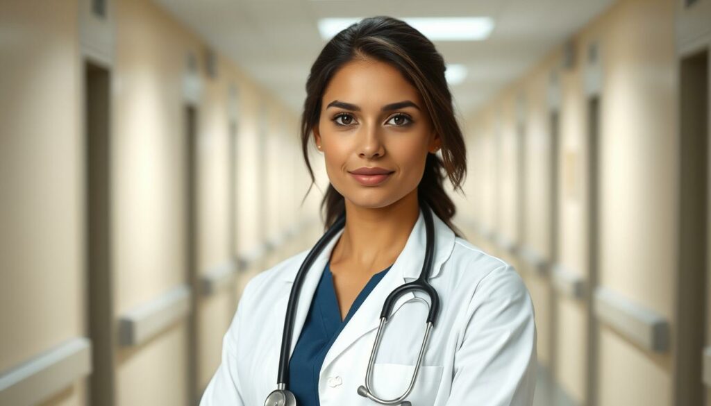 A portrait of Vanessa, an ambitious and dedicated young medical professional, wearing a crisp white lab coat and stethoscope, standing confidently in a well-lit hospital corridor. Her expression is focused and determined, hinting at her drive to excel in her field. The background is a muted, sterile setting, emphasizing the clinical and professional nature of her role. The lighting is soft and directional, creating a sense of depth and highlighting her features. The overall tone is one of competence, seriousness, and a deep commitment to her work as a skilled physician.